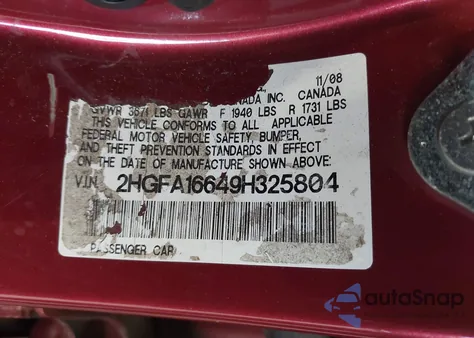 2009 Honda Civic Lx-S from USA, damaged, VIN 2HGFA16649H325804